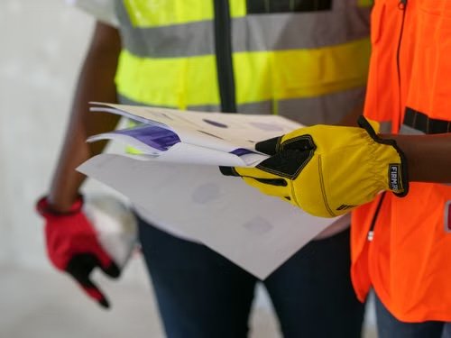 Two workers in hi-vis vests and gloves reviewing printed documents
